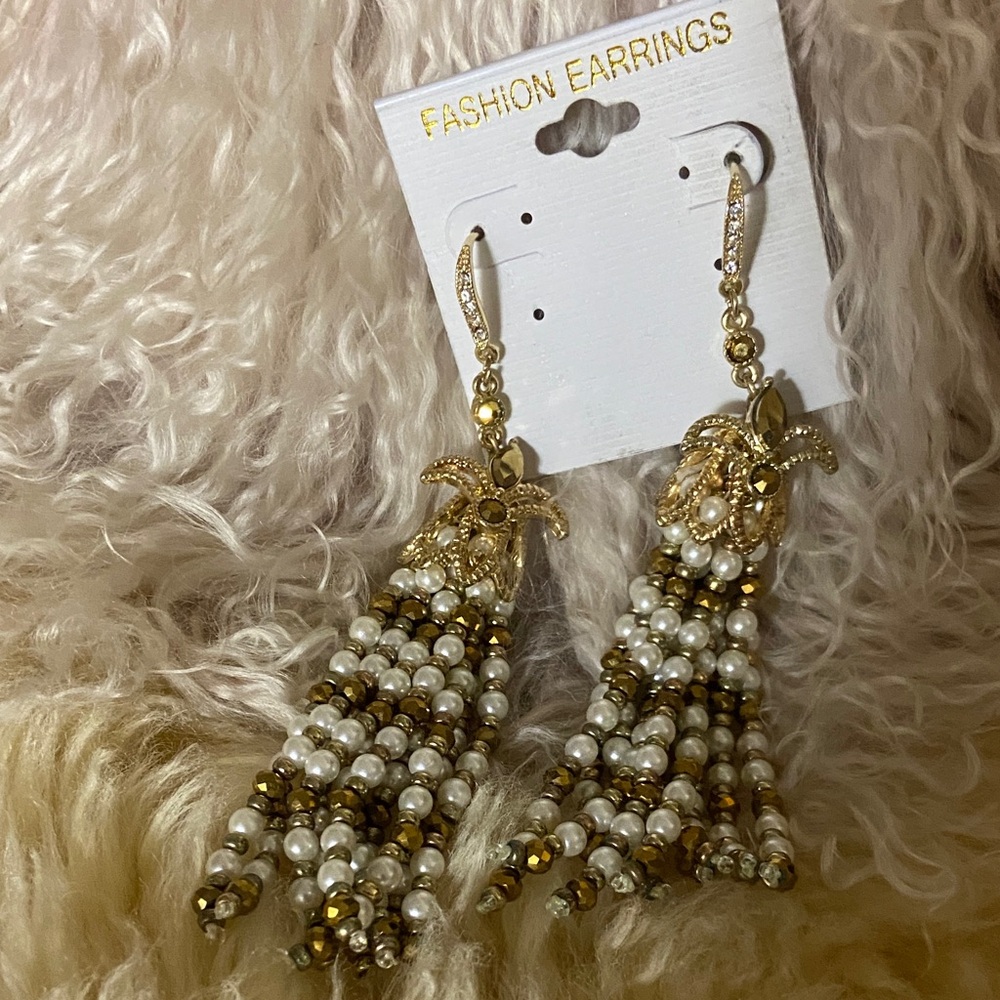 Gold and White Beaded Dangle Earrings